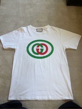 Gucci White Tee with Green and Red Interlocking Logo